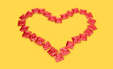 Hearth mark with condom packages. Unbranded condom pack. Brandless pack. 3D rendering. 3D