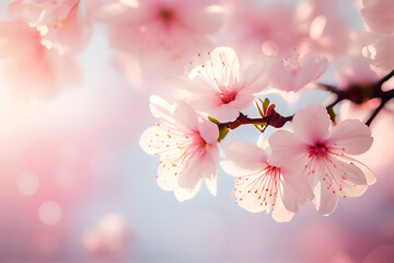 Sakura cherry blossom in spring, banner in pastel colors with bokeh delicate effect. Created with Generative AI technology..