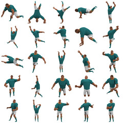 An athlete wearing a green shirt and white pants is expression of body or doing exercise. 3d rendering of cartoon character in acting.