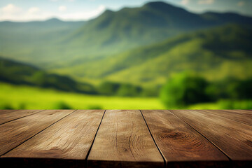 Wooden table with landscape of mountains, green hills, meadow and countryside. Created with Generative AI technology