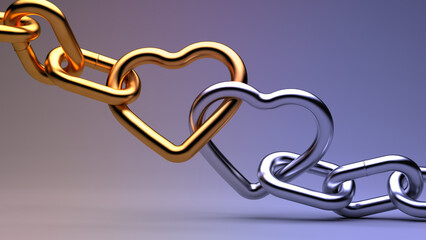 Two hearts on chains on a colored background. A symbol of love and friendship. 3D rendering. Illustration.