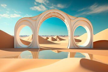 Obraz na płótnie Canvas Futuristic stone portal with geometric shapes in a desert landscape with sand dunes, blue sky and white clouds. Generative AI