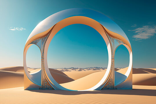 Futuristic Stone Portal With Geometric Shapes In A Desert Landscape With Sand Dunes, Blue Sky And White Clouds. Generative AI