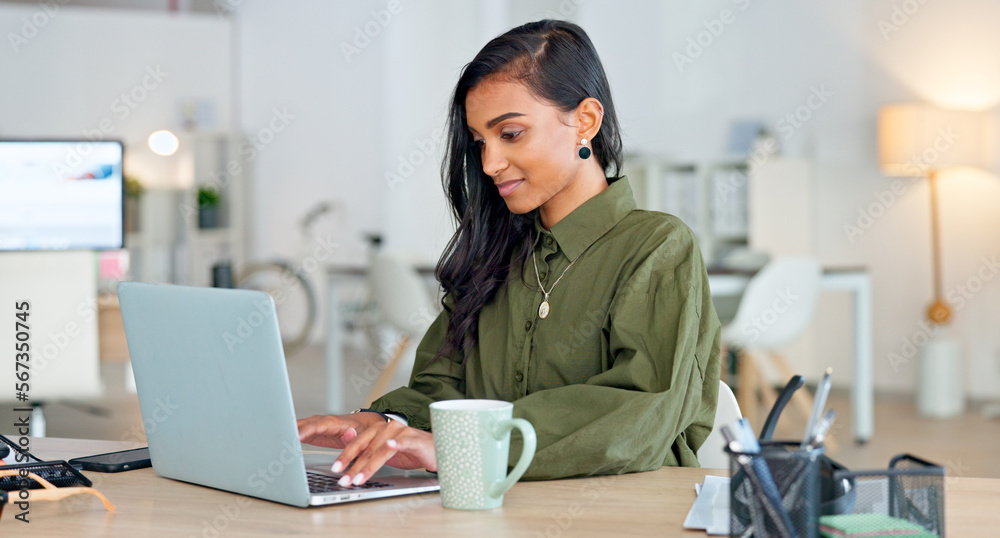 Sticker Proud, happy and confident business woman typing on a laptop and turns to look at the camera in her office. Portrait of a young female entrepreneur writing a project smiling in her workplace