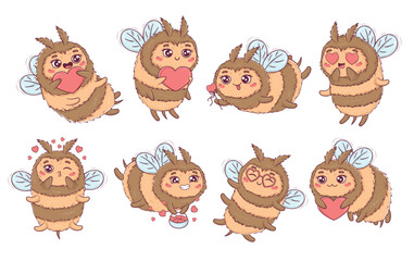 Collection clipart Cartoon cute bee in love for Valentine's Day in funny poses with hearts