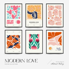 Modern Valentine's day vertical flyer or poster template. Love hand drawn trendy illustration.