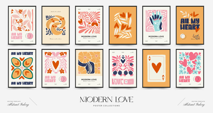 Modern Valentine's day vertical flyer or poster template. Love hand drawn trendy illustration.