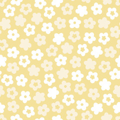 Seamless vector repeat pattern in yellow background, featuring little Spring flowers, in white and light yellow.