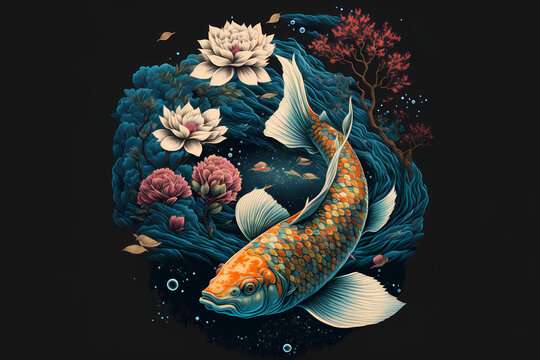 Koi Fish Illustration With Japanese Nihonga Style