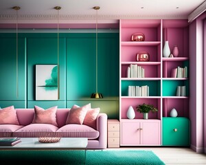Cool lounge desing, pops of pastel green, pink and blue, and a bookcase. generative AI.