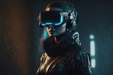 A woman wearing a virtual reality headset in a dark room, Generative AI