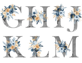 Watercolor floral alphabet with indigo and gold flowers for wedding invitations, greeting card, logo, poster and other. Gray letters.