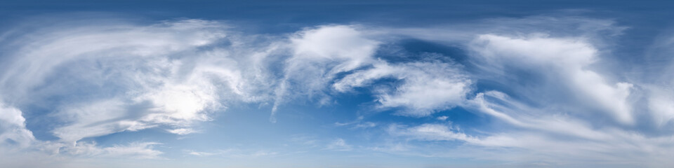 blue sky with clouds as seamless hdri 360 panorama with zenith in spherical equirectangular projection format use for sky replacement in 3d graphics visualization or drone shots or game development