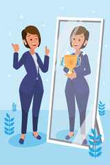 Obraz premium Happy young big isolated corporate woman done her job as vison & mission and celebrating, leadership success and career progress concept, flat vector illustration, handsome business girl.