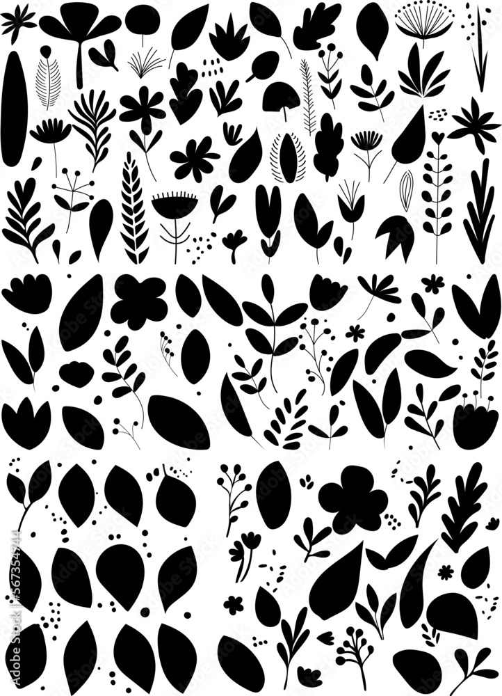 Wall mural plants and flowers silhouette, set ,design isolated, vector