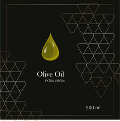 Olive oil label. Minimalistic style. Sketch hand drawn style olives on an isolated. Golden design on a black background.. Vector illustration.