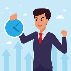 Happy young big isolated corporate man done his job as vison & mission and celebrating, leadership success and career progress concept, flat vector illustration, handsome business man.