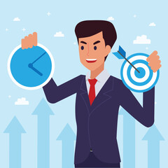Happy young big isolated corporate man done his job as vison & mission and celebrating, leadership success and career progress concept, flat vector illustration, handsome business man.
