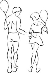 A guy and a girl of athletic build come from tennis training. They have tennis rackets in their hands. The guy hugs the girl. Black outline. Scheme. Logo.