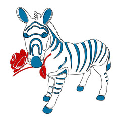 One continuous line of Zebra with rose flower in his mouth. Thin Line Illustration vector concept. Contour Drawing Creative ideas.