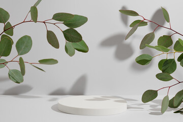 Obraz na płótnie Canvas Empty white round podium and natural green eucalyptus branch with shadows on light grey background. Pedestal for product presentation. Mockup for beauty cosmetic advertising. Spring still life.
