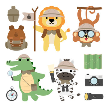 A set of big Isolated Vector animal adventure traveling illustration, hand drawn style, hiking and camping concept with traveling elements on white background.