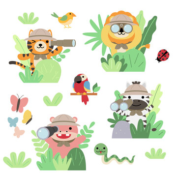 A set of big Isolated Vector animal adventure traveling illustration, hand drawn style, hiking and camping concept with traveling elements on white background.