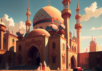 Illustration mosque daylight side view, Generative Ai - obrazy, fototapety, plakaty