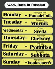 Week days in Russian language with English translation. box shape design. vector illustration. eps10. educational purpose concept.