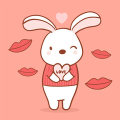 Big isolated hand drawn cartoon vector character design rabbit in love, doodle style Valentine concept animal flat vector illustration