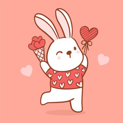 Big isolated hand drawn cartoon vector character design rabbit in love, doodle style Valentine concept animal flat vector illustration