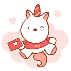 Obraz na płótnie Canvas Big isolated hand drawn cartoon vector character design unicorn in love, doodle style Valentine concept animal flat vector illustration