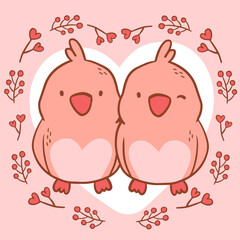 Big isolated hand drawn cartoon vector character design bird couple in love, doodle style Valentine concept animal flat vector illustration