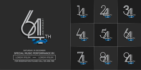 set of anniversary silver color with blue ribbon for special celebration event