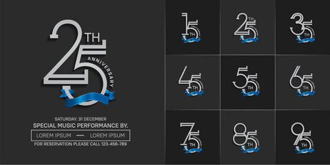 set of anniversary silver color with blue ribbon for special celebration event