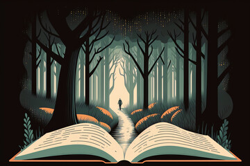 A Book Reveals a Path through the Woods - obrazy, fototapety, plakaty