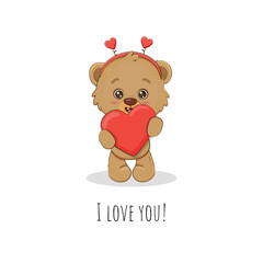 cute cartoon teddy bear with heart. Valentine's day card. I love you. Vector illustration