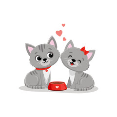Two cute cartoon kittens on white background. Valentine's day card.Cute valentine cats couple with hearts.Vector illustration
