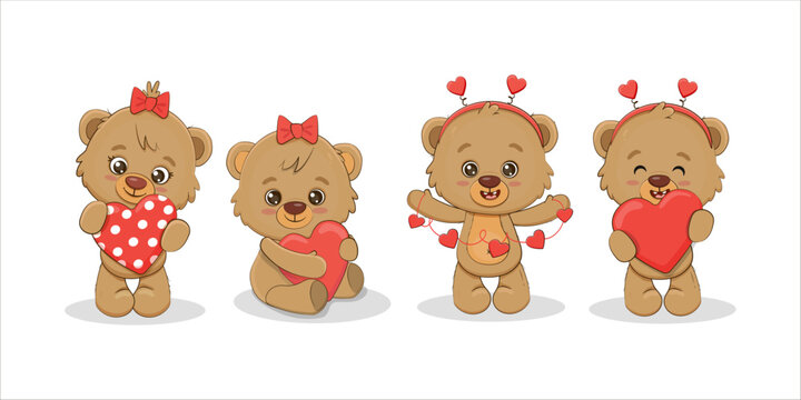 set of cute cartoon teddy bear with heart for your design. Valentine's day card. Vector illustration
