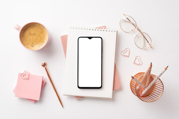 Valentine's Day concept. Top view photo of smartphone over notepads pen glasses pink sticky note...