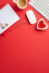 8-march concept. Top view vertical photo of diaries heart shaped plate with sprinkles mug of frothy coffee keyboard computer mouse golden pen and binder clips on isolated red background with copyspace