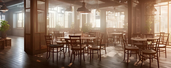 Cozy cafe with sunlight and wooden interior