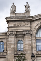 Architectural fragments of North Station (Gare du Nord, 1864) - one of the six large termini in Paris, largest and oldest railway stations in Paris. France.