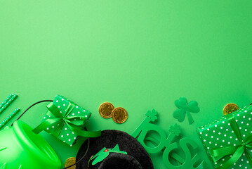 Saint Patrick's Day concept. Top view photo of leprechaun hat green gift boxes gold coins pot irish...