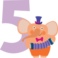 Five number with funny elephant. Child birthday decoration