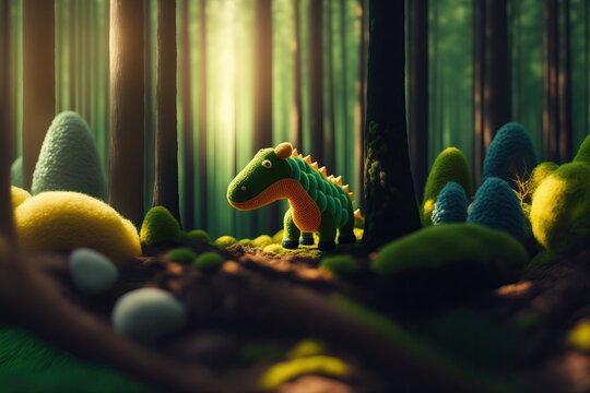 Une peluche dinosaure dans une for&ecirc;t &agrave; contre-jour generative IA