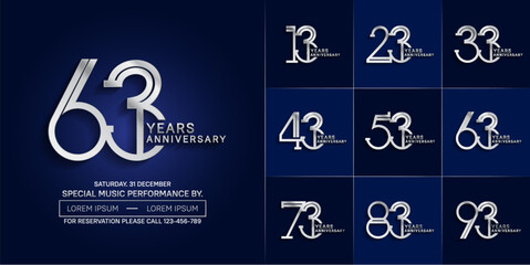 set of anniversary glossy silver color with blue background for special celebration event