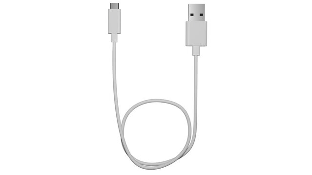 White USB micro USB cable isolated on transparent background. Minimal concept. 3D render