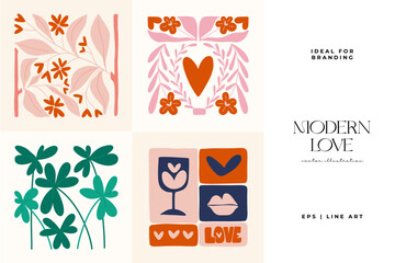 Modern Valentine's day vertical flyer or poster template. Love hand drawn trendy illustration.