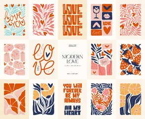 Modern Valentine's day vertical flyer or poster template. Love hand drawn trendy illustration.